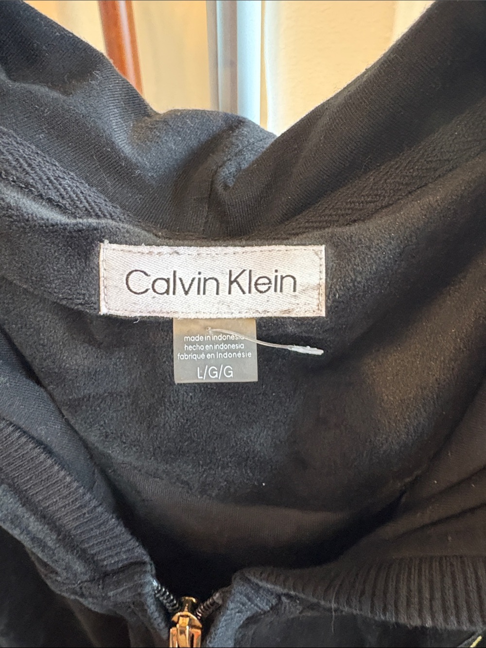 Calvin Klein Black Velour Hooded Jumpsuit with Gold Accents sz L - Picture 2 of 5